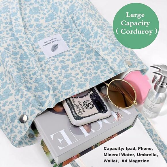 Women Blue Flower Imported Corduroy Small Canvas Shoulder Handy Tote Bag - Picture 2 of 4